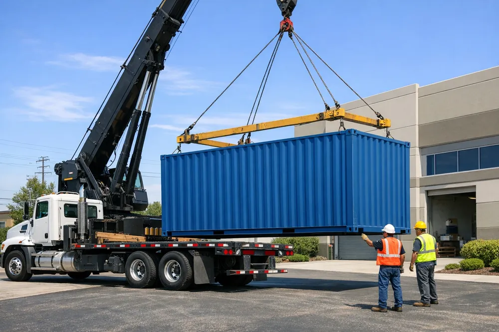 Shipping container being delivered by crane